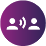 Purple and white icon showing people in conversation