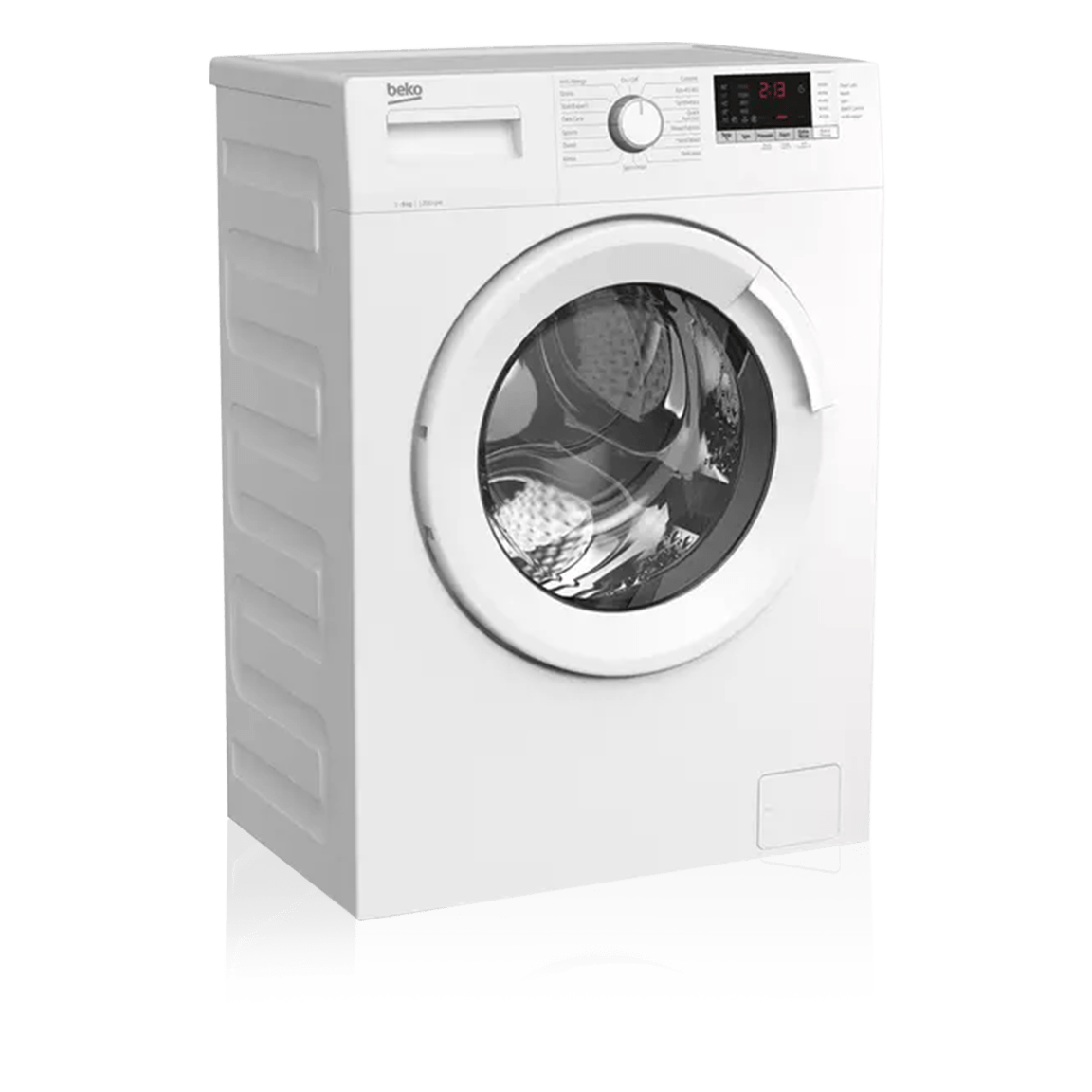 White Beko washing machine with a silver cylinder