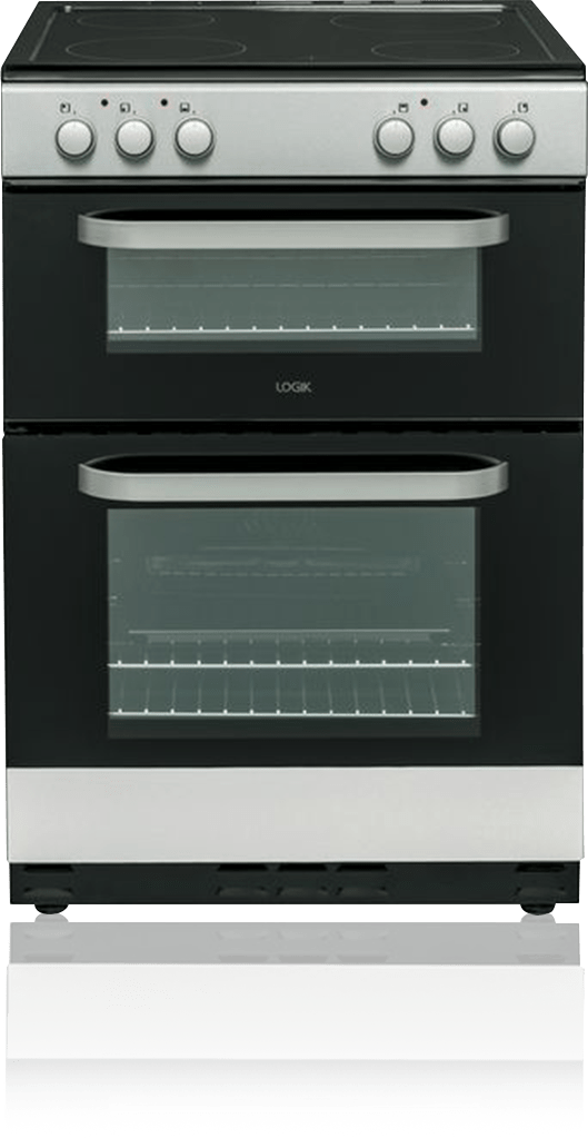 Black and silver Logik oven and cooker with two doors and four hobs